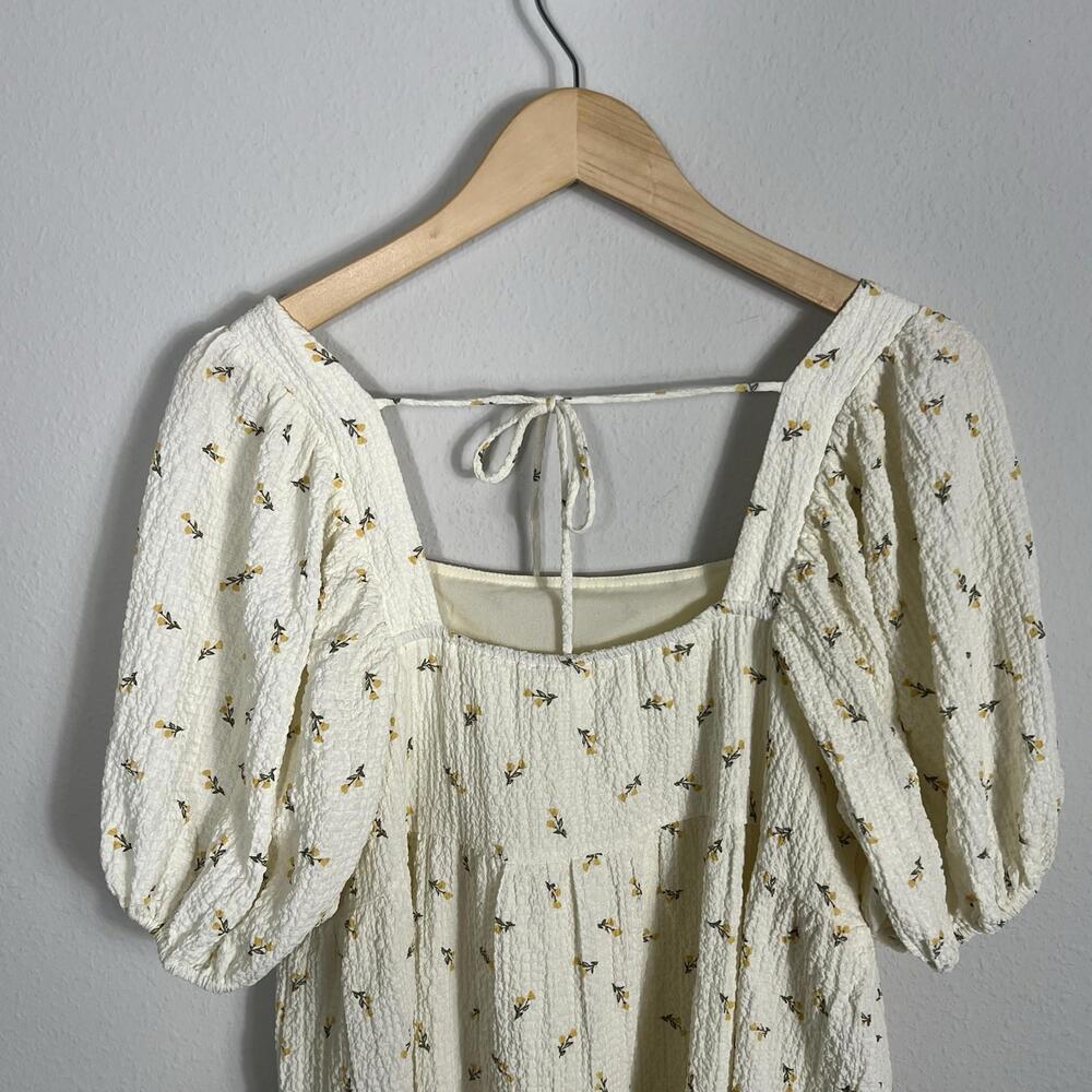 Bohme Tiered Midi Dress Floral Textured Seersucker Cream Fairy Cottage Large - Picture 6 of 7